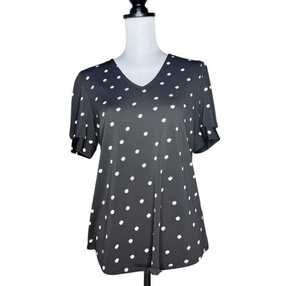 Adrianna Papell Black White Polka Dot Plus Size Medium Top Short Sleeve V Neck - Picture 1 of 6